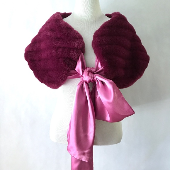 Sharon Accessories - Sharon Deep Plum Dark Magenta Rose Satin Faux Fur Warp Shawl